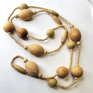 Wood Bead Long Necklace Earthtone Beaded Leaf Applique Long Necklace